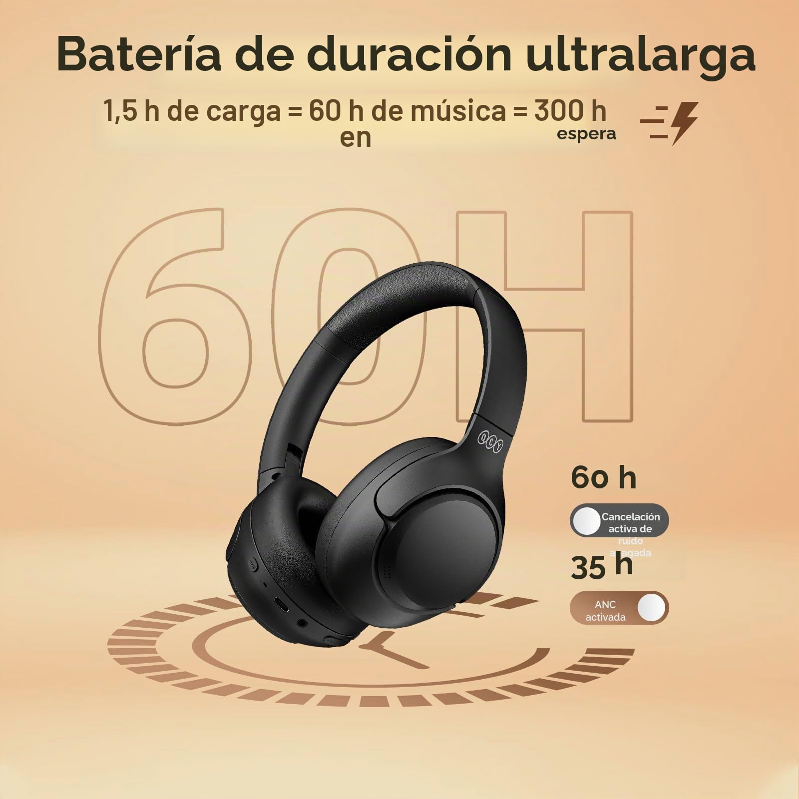 QCY H3 Cascos Inalámbricos Bluetooth 5.4 Diadema con Cancelación de Ruido Activa Híbrida, Hi-Res Audio, 60 Horas de Reproducción, Plegables Auriculares Over Ear Compatible con iOS/Android