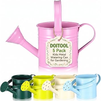 DOITOOL Kids Metal Watering Can for Gardening, 5Pcs Small Iron Watering Can Garden Watering Bucket for Gardening Plants Flowers Mixed Color