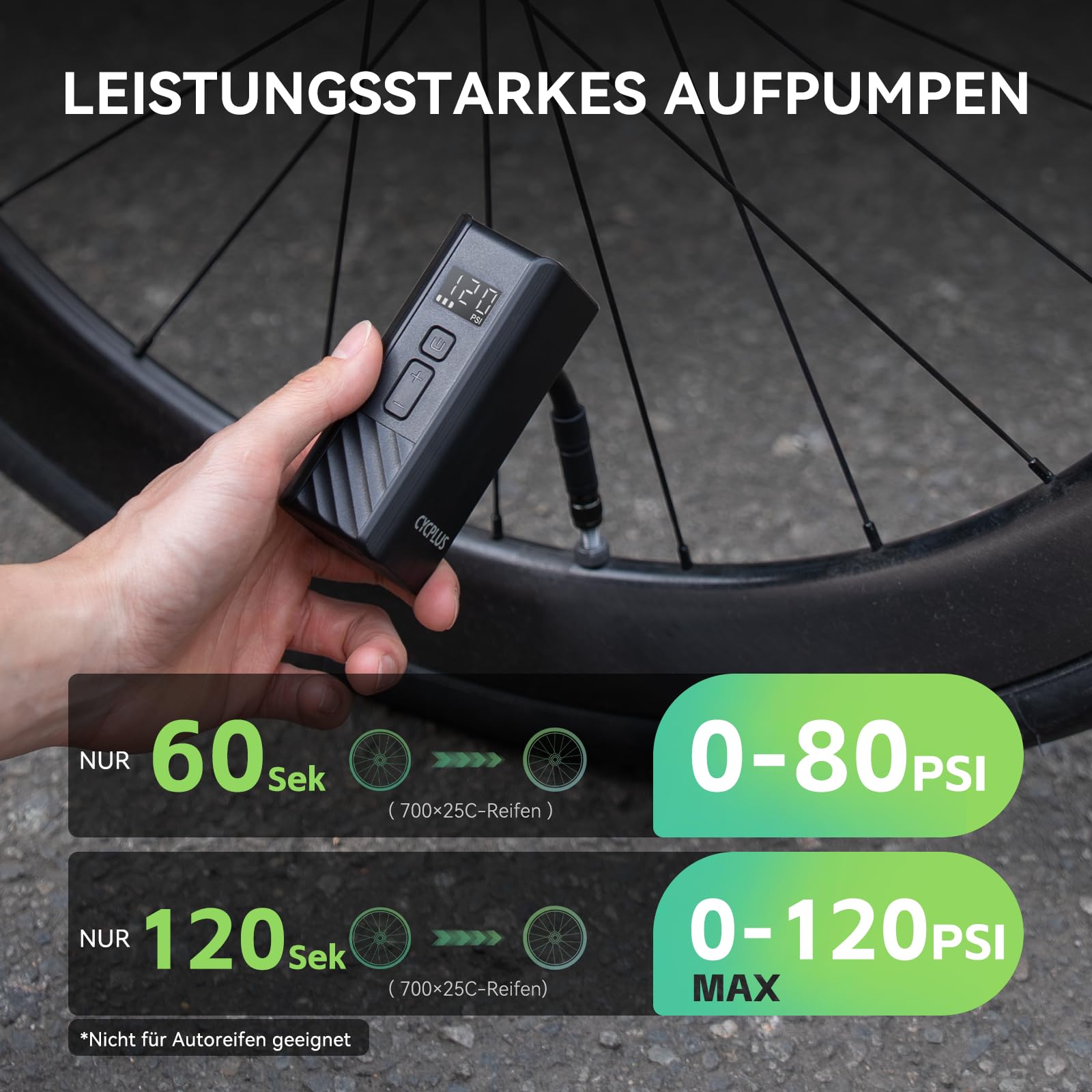 CYCPLUS A3 Mini Elektrische Fahrradpumpe, Tragbare Akku-Luftpumpe bis 120 PSI mit Auto-Stopp, für Presta- und Schrader-Ventile, geeignet für Rennrad, Mountainbike, E-Bike und Motorrad