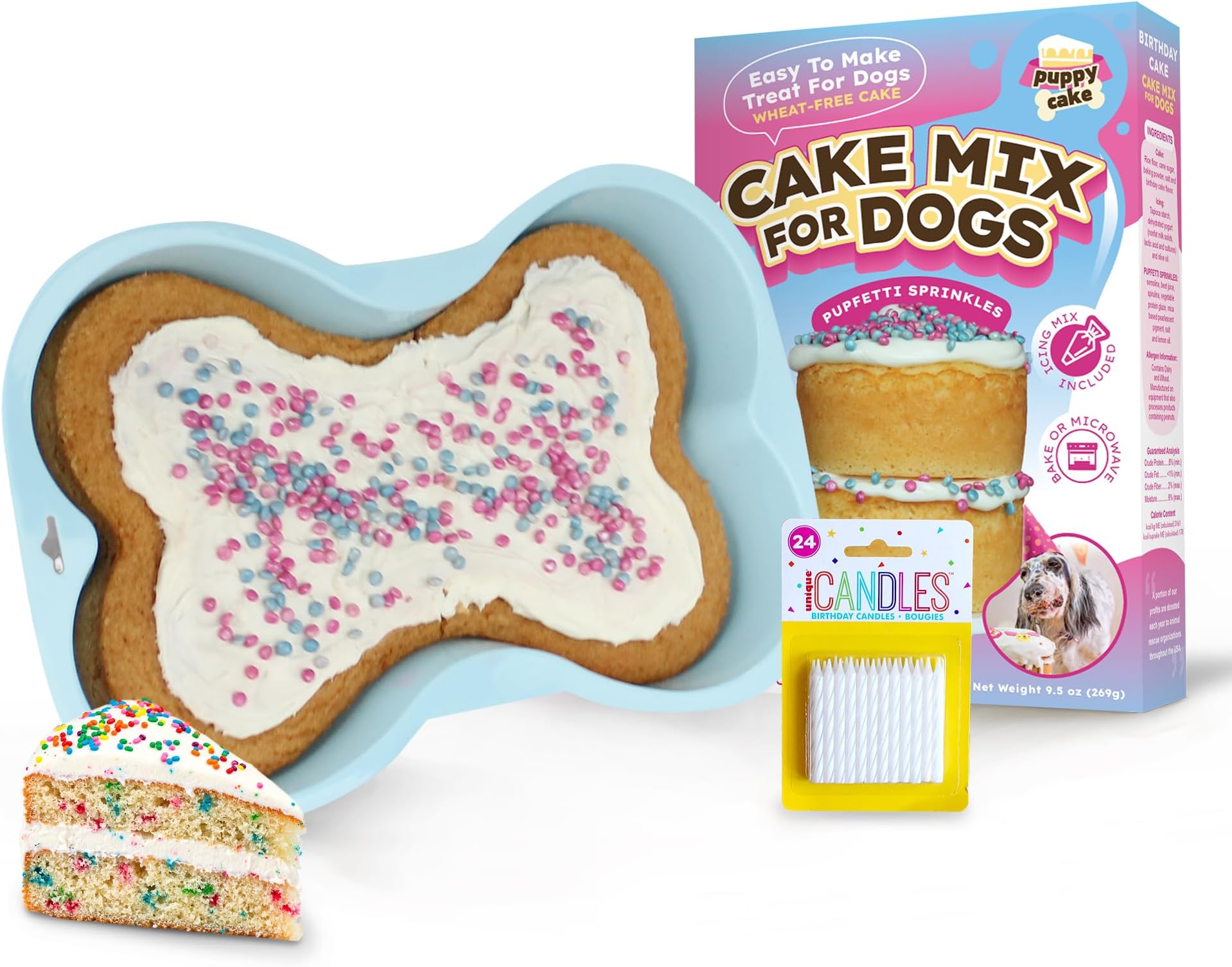 Puppy Cake Mix Dog Birthday Cake Kit, with Bone Silicone Pan and Candles (Birthday Cake, Blue) Made in USA
