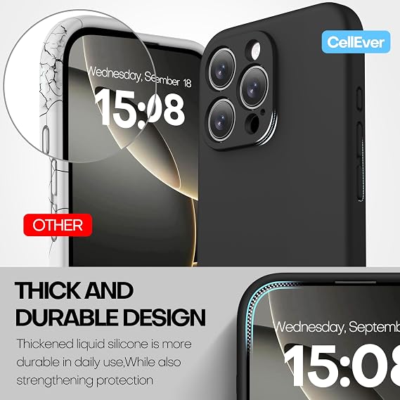 CellEver 高耐久シリコンケース iPhone 16 Pro Max用 カメラ保護 アンチオイルコーティング ミリタリー 落下防止 ソフト 傷がつかない 内側 ブラック