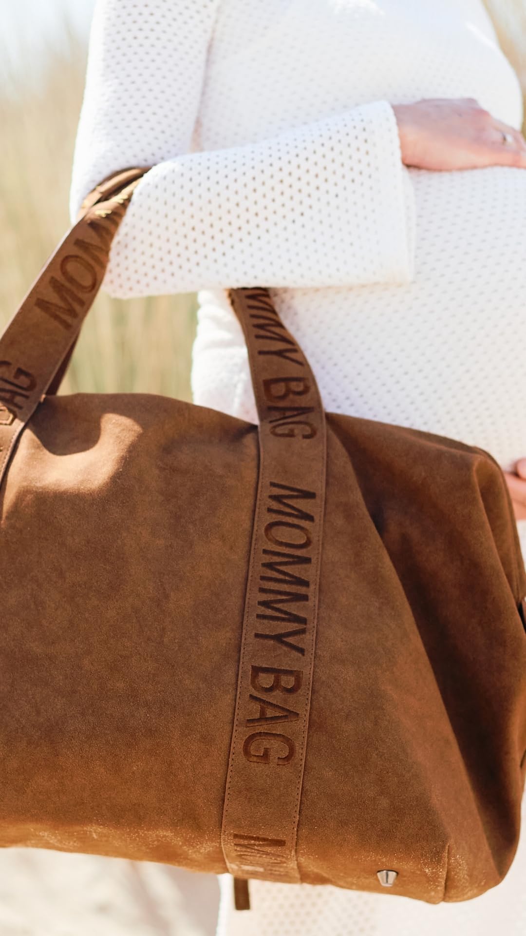 CHILDHOME, Mommy Bag, Wickeltasche, Mutterschaft, Reisetasche, großes Fassungsvermögen 58L, Wickelunterlage, Isolierte Tasche, Durchgang für Koffer, Material Wildlederimitat, Haselnussbraun