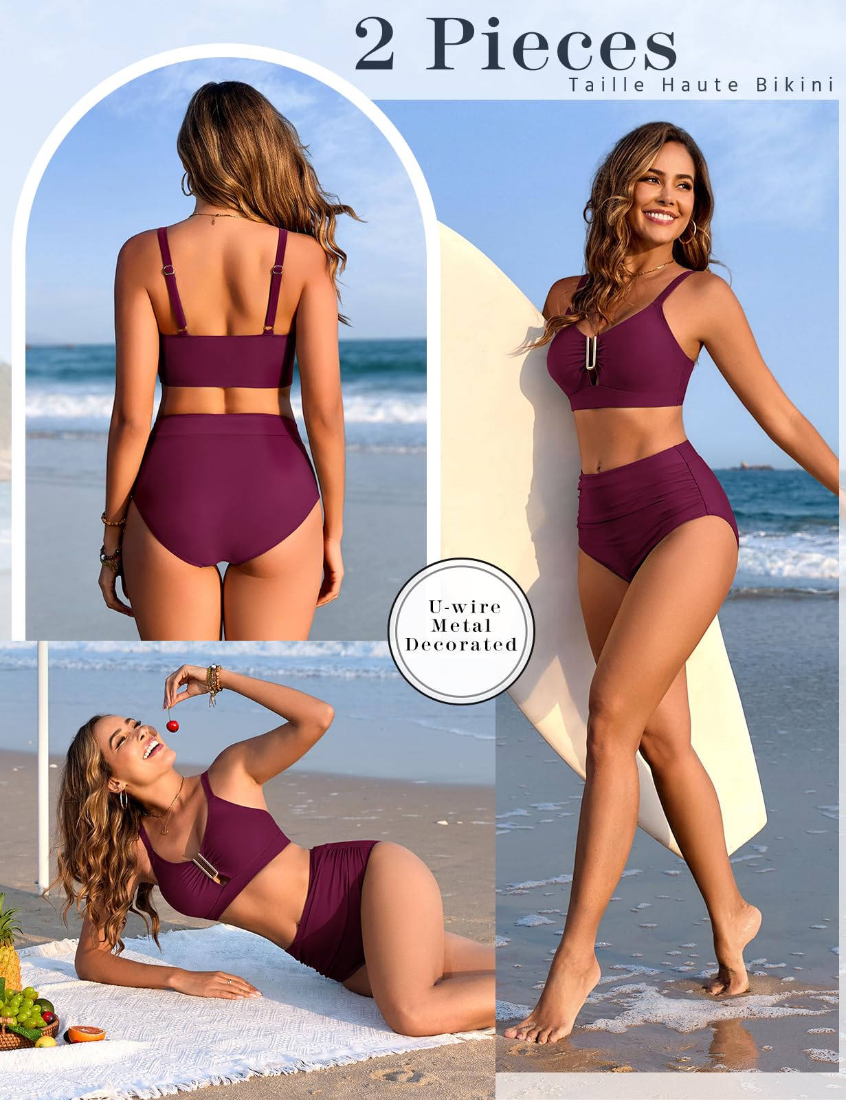 UMIPUBO Traje de Baño 2 Piezas Bikinis Mujer Reductors Barriga Talle Alto Bañadores Push Up Swimwear Metal U-Neck Traje de baño de Dos Piezas(Negro,S)