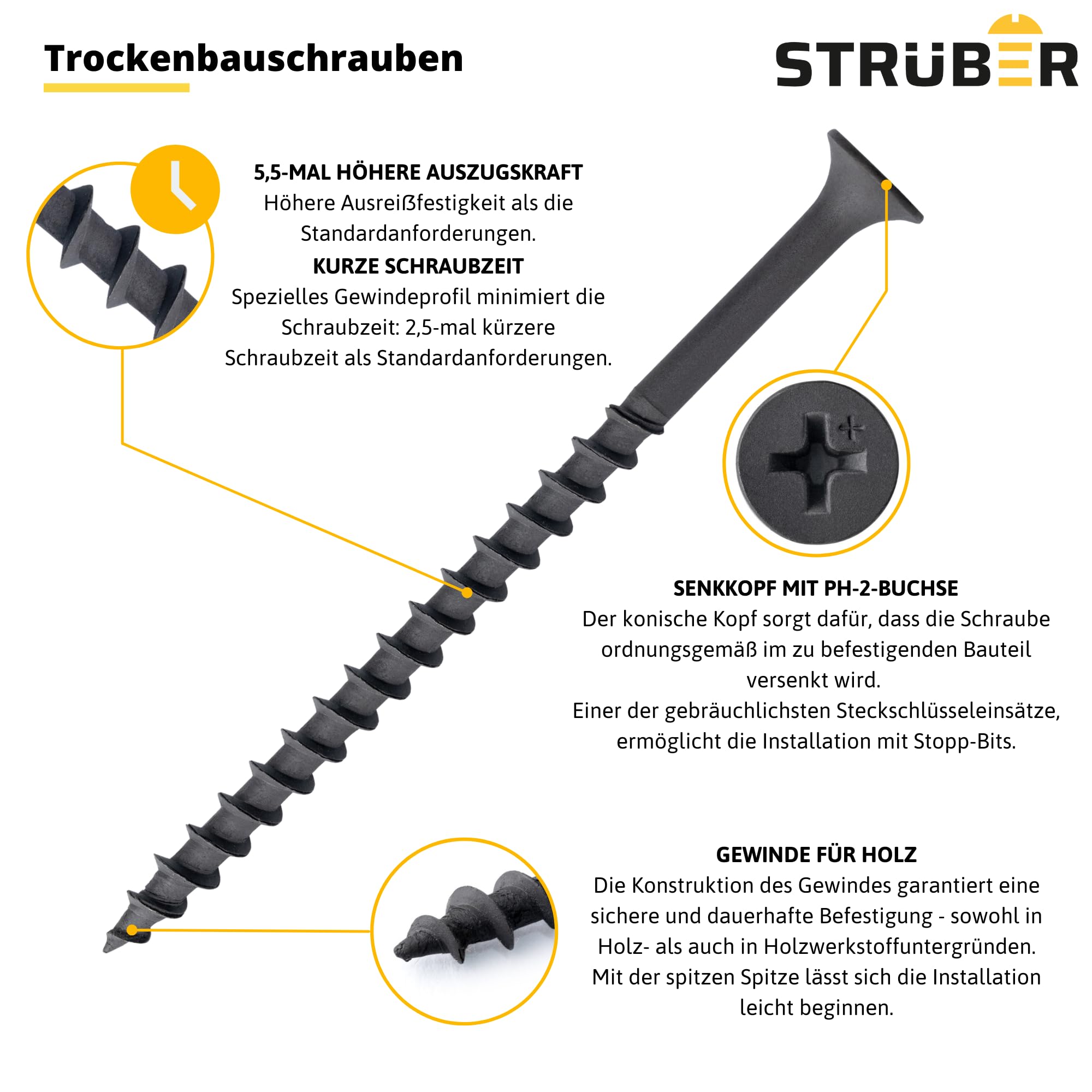 STRÜBER Schnellbauschrauben mit Senkkopf und PH2-Antrieb (3,5 x 70 mm / 200 Stück.) - phosphatierte Trockenbauschrauben - Gipskartonschrauben mit Grobgewinde - Befestigung an Holzunterkonstrunktion