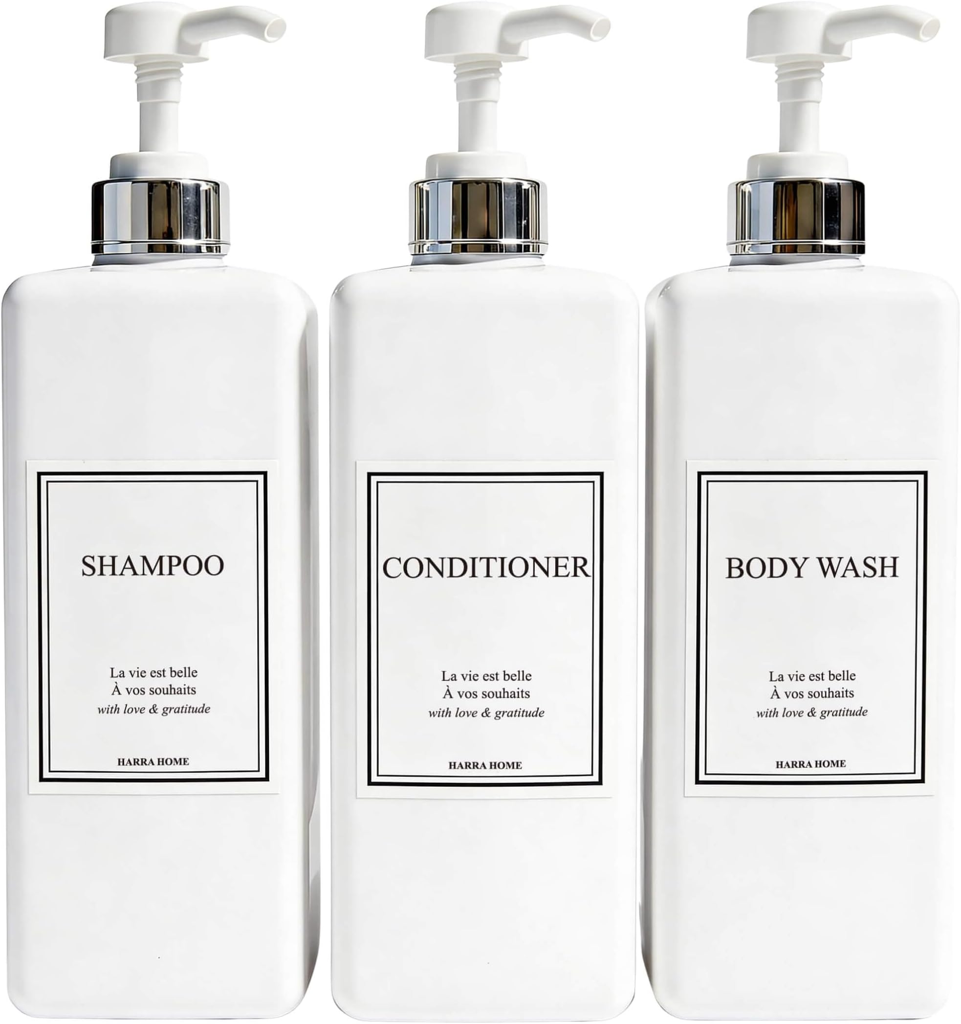 Shampoo and Conditioner Dispenser - Modern Design Large 27oz Shower Soap Dispenser Set of 3, Refillable Empty Plastic Pump Bottles for Bathroom, 6 Waterproof Labels Included, White & Silver