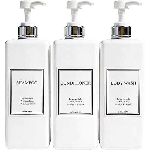 Shampoo and Conditioner Dispenser - Modern Design Large 27oz Shower Soap Dispenser Set of 3, Refillable Empty Plastic Pump Bottles for Bathroom, 6 Waterproof Labels Included, White & Silver