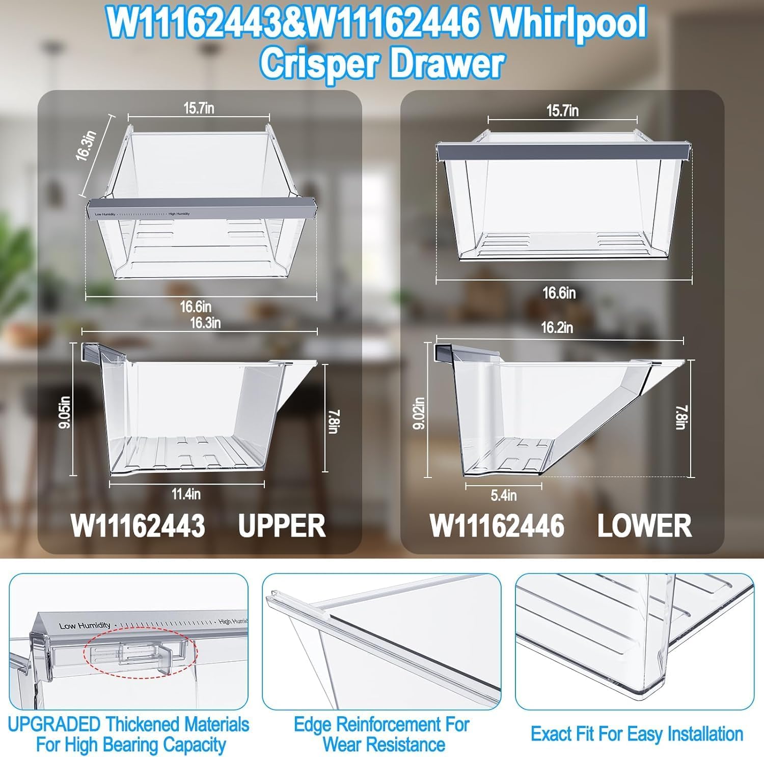 [2 PACK] W11162443 W11162446 WRS315SDHZ08 WRS325SDHZ05 WRS315SDHZ05 WRS315SDHM01 WRS321SDHZ08 WRS325SDHZ08 Crisper Drawer Compatible with Whirlpool Refrigerator Drawers Replacement Fridge Drawers