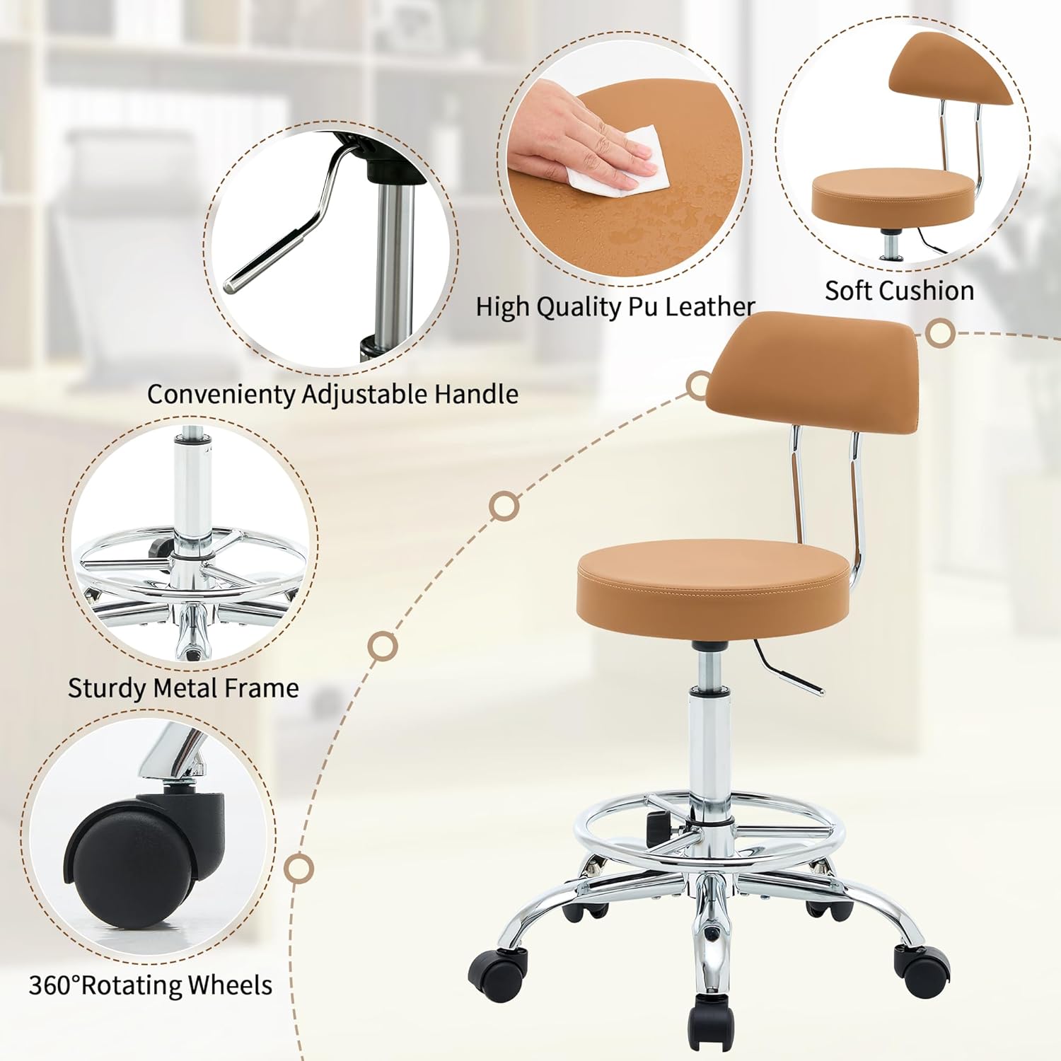 FIRAVOE Rolling Stool with Back, Adjustable Tattoo Rolling Chair 19.5"-26.6", Camel Brown Hairstylist Stool with Wheels (Camel Brown)