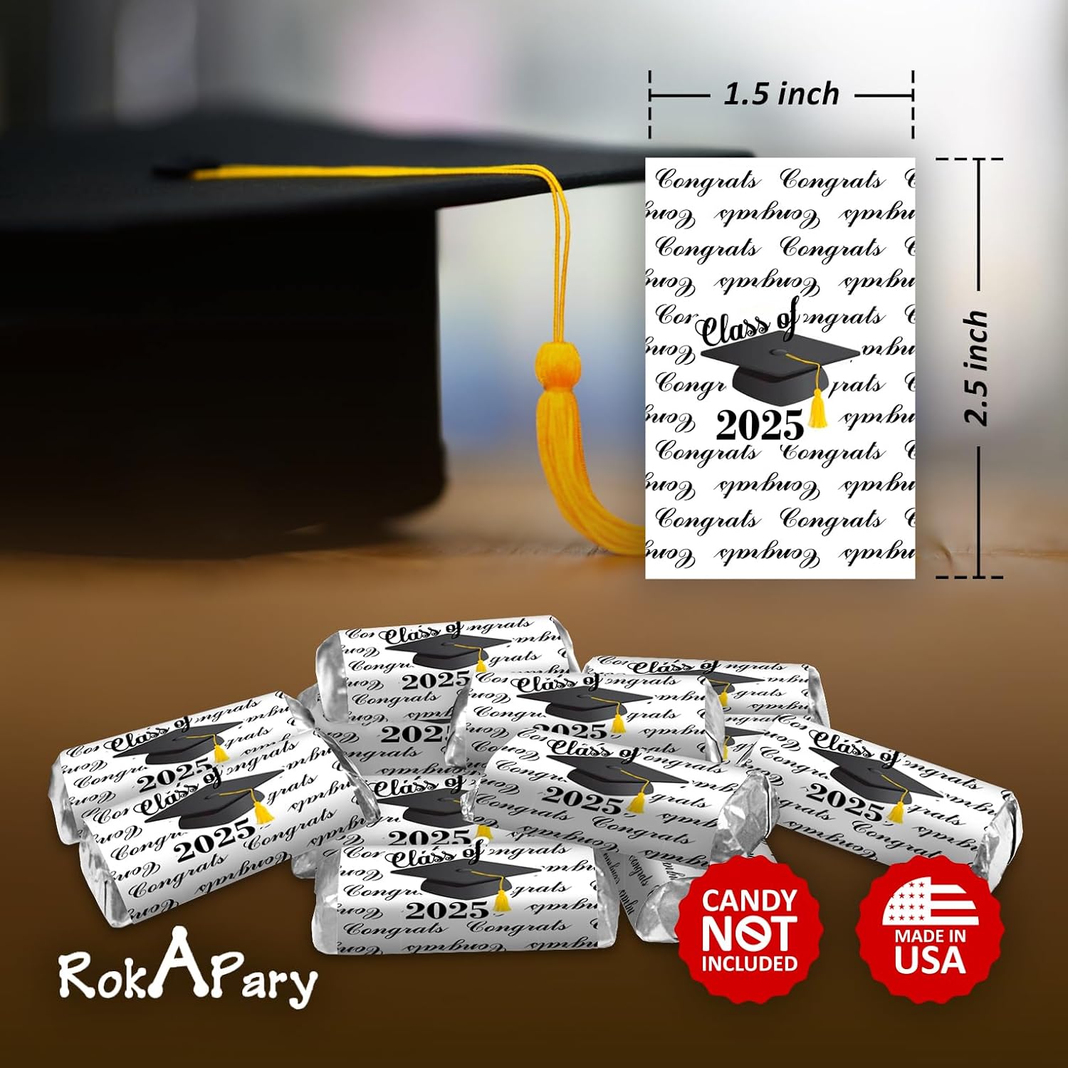 60 Graduation Cap Party Class of 2026 Miniatures Candy Bar Wrapper, (Set of 60) Mini Candy Chocolate Bar Stickers, Congrats grad Labels, Candy Not Included, Color Black. Made in USA image 5
