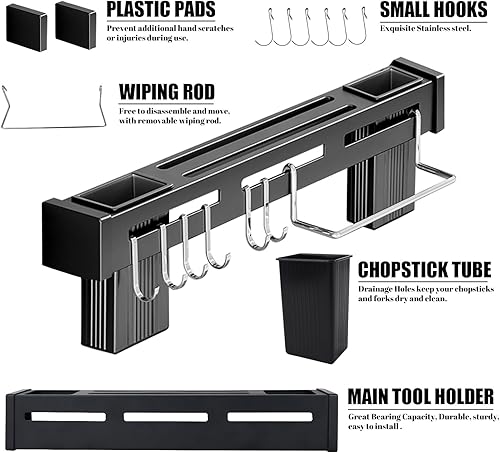 Miniatura 4 de Soporte para cuchillos de cocina de acero inoxidable de 16 pulgadas montado en la pared con ganchos, tira adhesiva resistente para cuchillos de