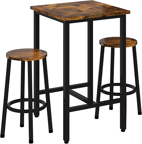 HOOSENG - Juego de mesa de bar, 3 piezas, cuadrada, color marrón rústico incluye una mesa y 2 taburetes industrial, 36" de alto x 24" de ancho,
