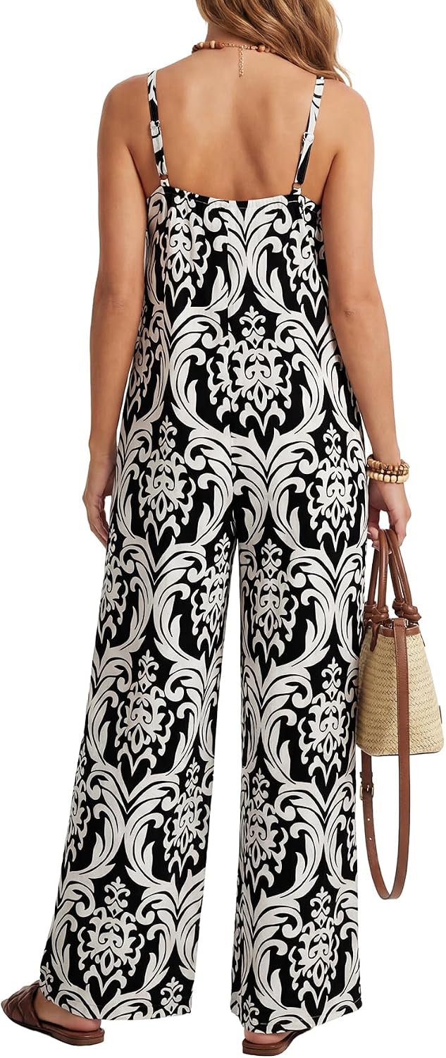 KIFOVEN Women's V Neck Spaghetti Strap Sleeveless Wide Leg Beach Jumpsuit with Pockets