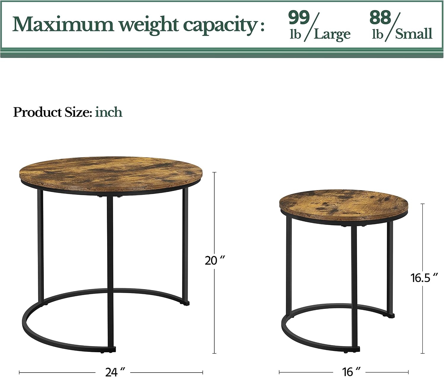 Yaheetech Nesting Coffee Table,Retro Nesting Table for Living Room, Round Coffee Table Nesting End Table Set of 2 Stacking Side Tables with Wooden Tabletop and Sturdy Metal Frame, Rustic Brown