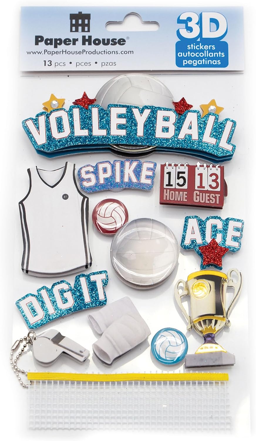 Paper House Productions Die-Cut Dimensional & Glitter Accent Scrapbook Sticker Sheet - Volleyball