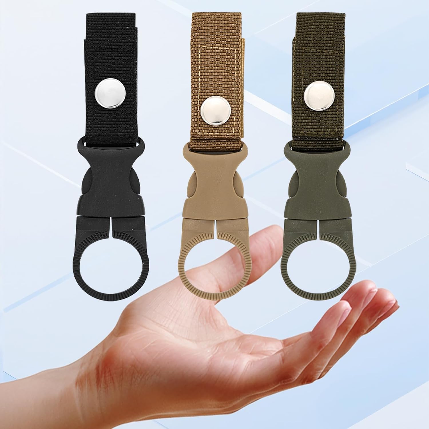 braxan 12 Pcs Water Bottle Belt Holder, Portable Mineral Water Bottle Clip Ring Backpack Clip Strap Buckle For Outdoor Camping/Hiking/Traveling(Black + Khaki + Army Green) - Image 3