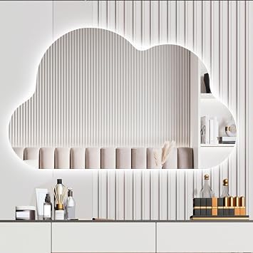 Illuminated LED Wall Mirror, Bathroom Mirror with Backlit Lights, Asymmetrical Cloud-Shaped Mirror, Hardwired, White Light|Warm LightWhite Light,80x60cm