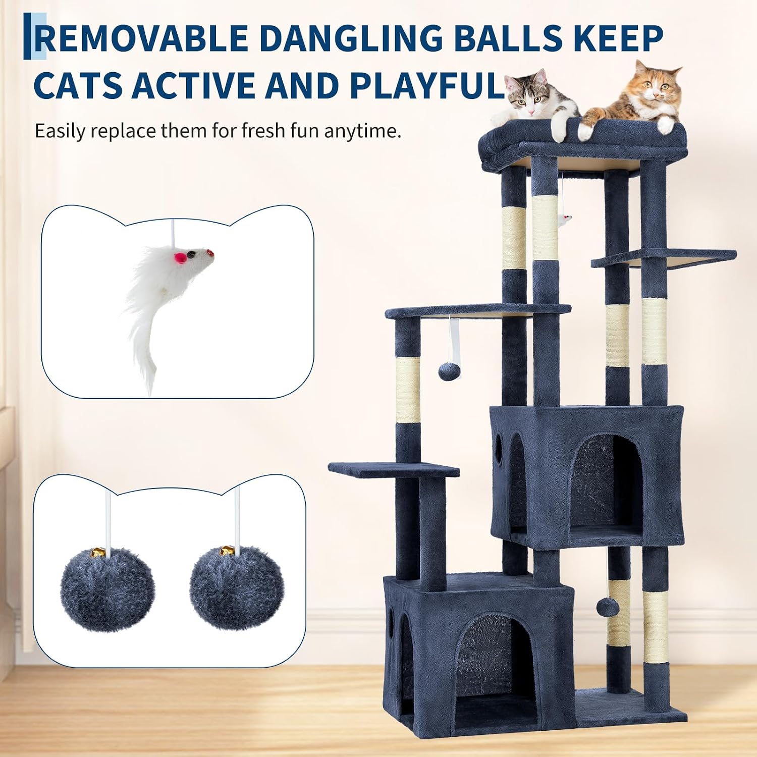Takywep Blue 61" Heavy Duty Cat Tree for Large Indoor Cats & Maine Coon, Fresh Multi-Level Cat Tower with Extra Large Perch, 2 Spacious Condos, Natural Sisal Scratching Posts & Interactive Toys