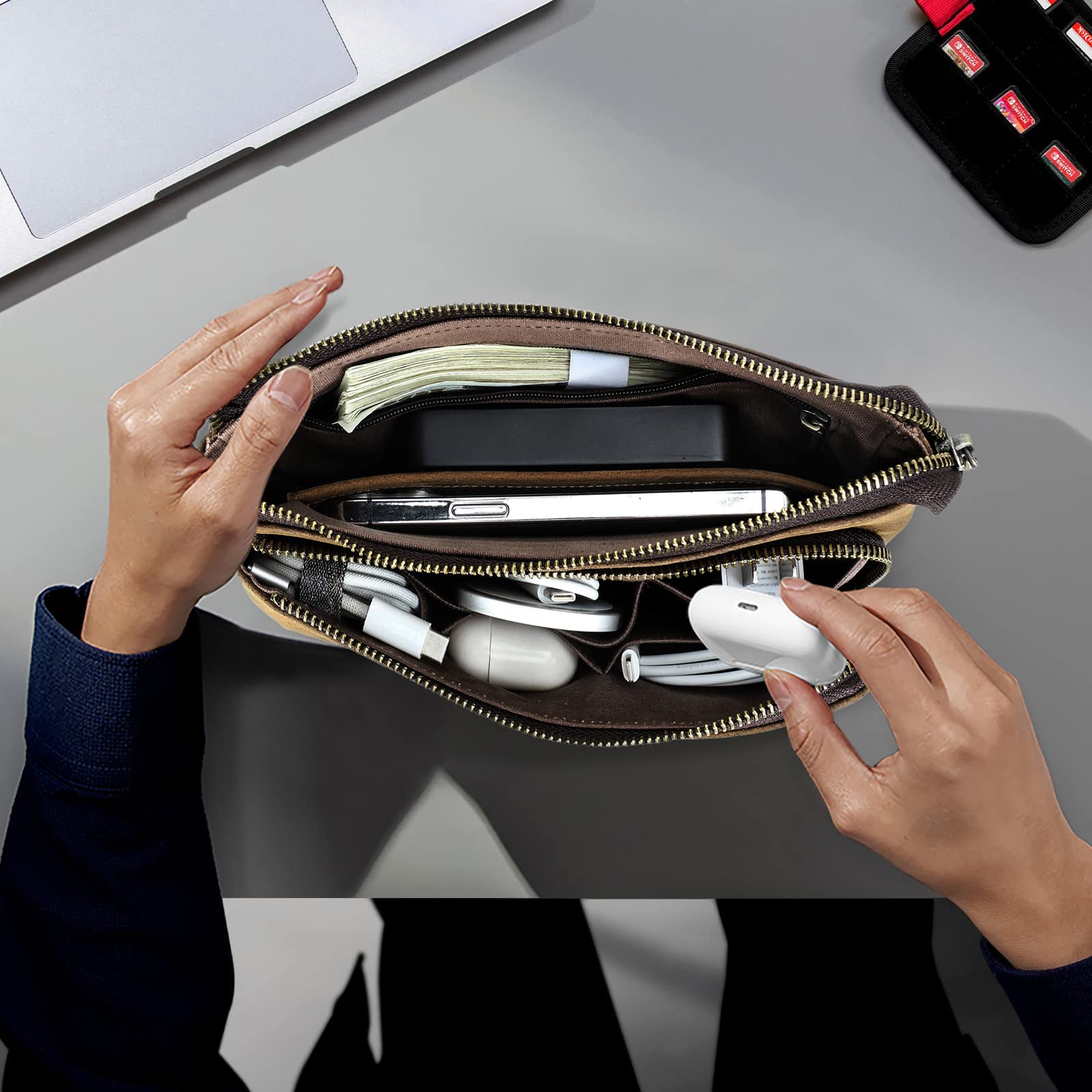 CONTACTS Pochette da viaggio da uomo in vera pelle con cinturino da polso, portafoglio passaporto con cerniera e tasca con cerniera, Portafoglio borsa a mano grande capacità per telefono