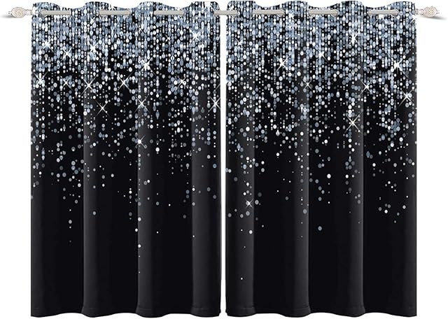 YONGFOTO 117x229cm Black Blackout Curtains Silver Sequin Spots Glitter Shiny Windows Curtain for Room Decor 2 Panels Drapes with Eyelets Home Set, 117cm Wide By 229cm Drop