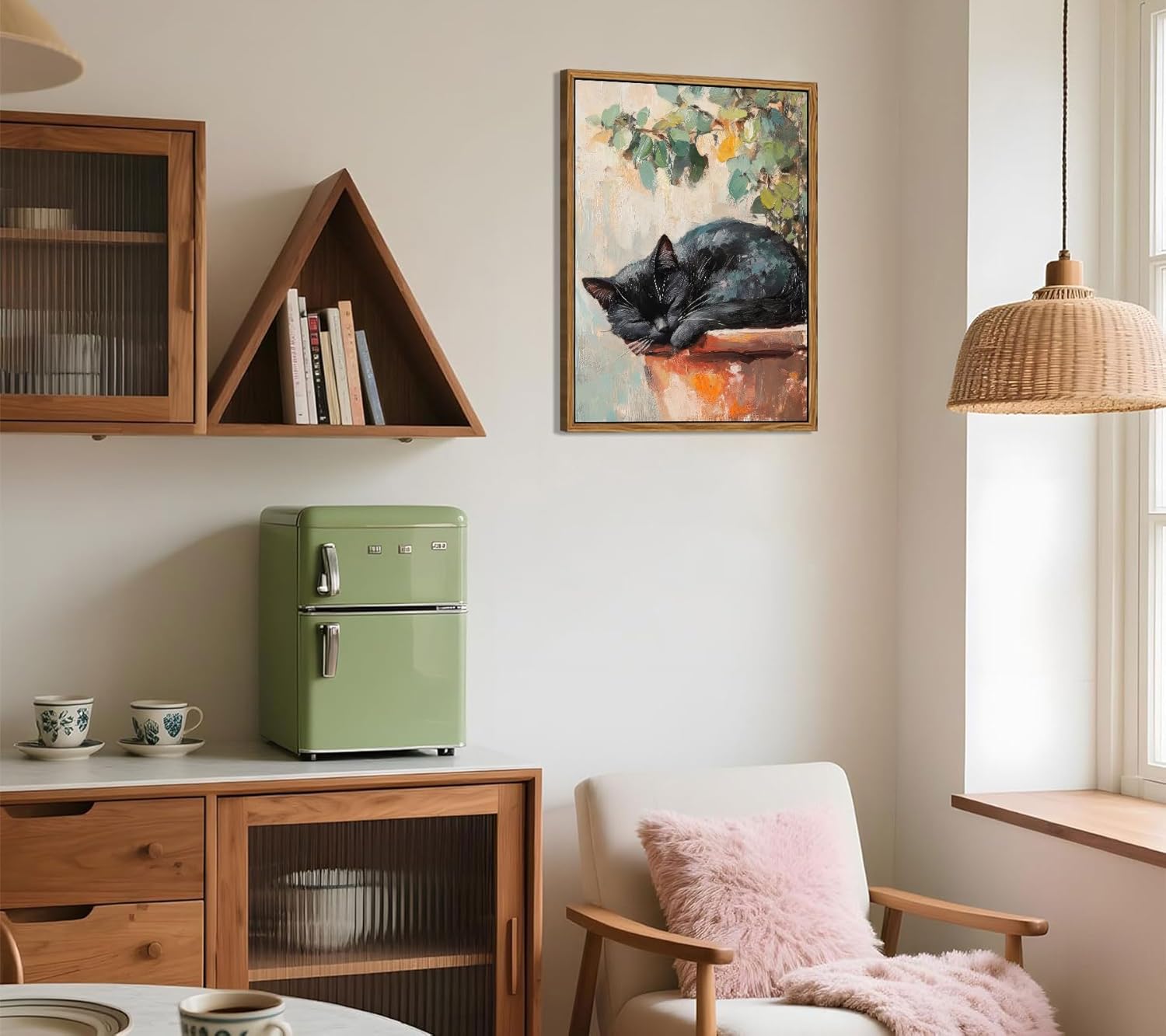 Framed Black Cat Canvas Wall Art Vintage Farmhouse Wall Decor Print Artwork Cute Animals Plants Pictures Paintings for Country Bathroom Bedroom Home Decoration 12x16in