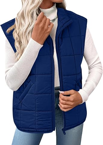 Womens Puffer Vest Lightweight Stand Collar Cap Sleeve Quilted Jackets Fall Zip Up Coat Spring Outerwear with Pocket