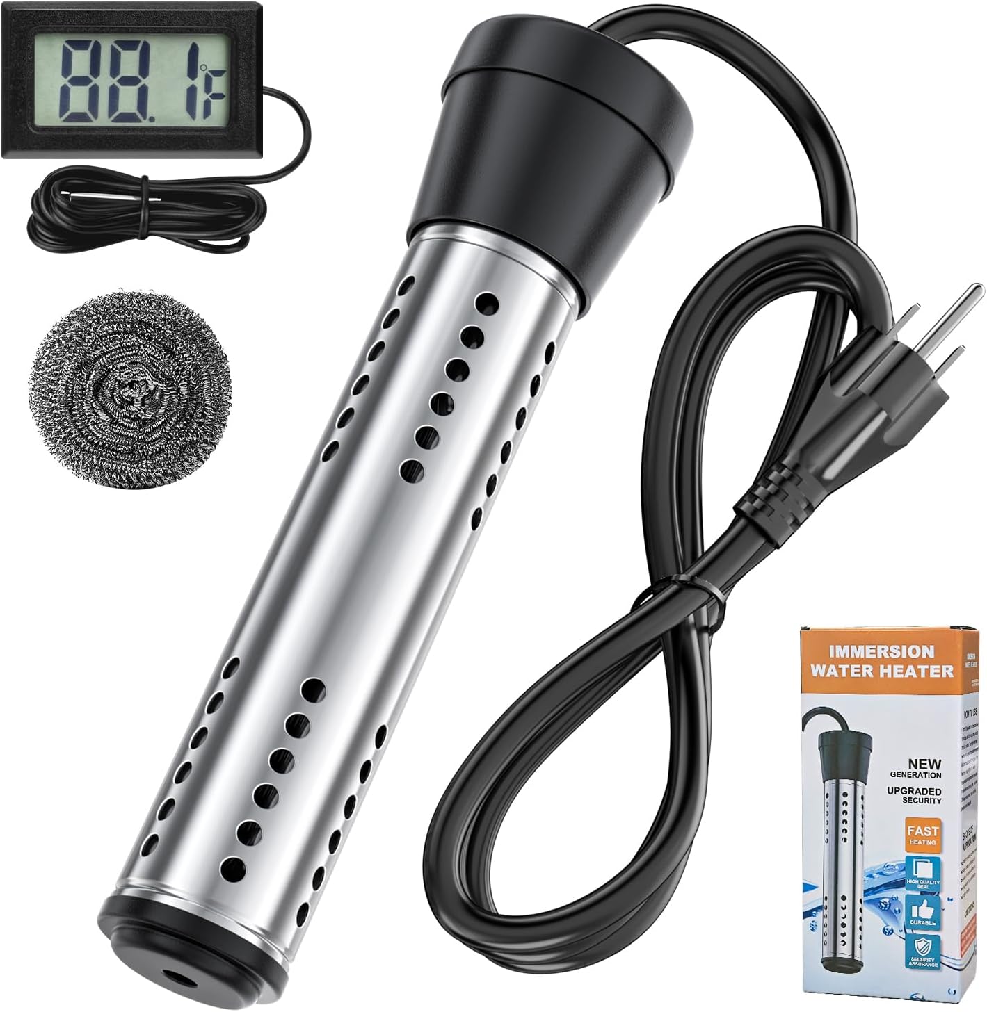 2000W Immersion Water Heater with Dry Burn Protection, Auto Shut-Off - Portable Electric Water Heater with LCD Thermometer 304 SS Guard, Bucket Heater for Camping, Bathtubs, Swimming Pools