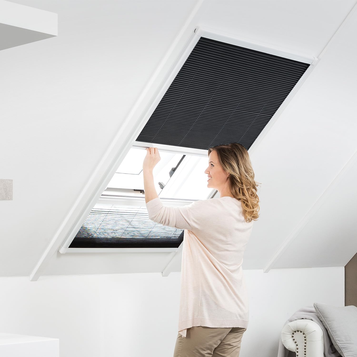 empasa Moustiquaire MASTER DUO Combi Fenêtre de toit plissé, aluminium | Protection solaire, Cadre découpable sur mesure, couleur : blanc, taille : 80 x 160 cm