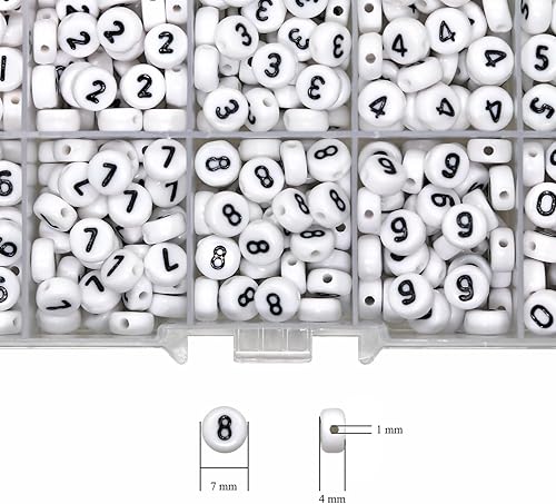 Miniatura 2 de Melius 500 Cuentas de Números Acrílicas en Caja de 10 Compartimentos para Hacer Joyas, Collares DIY, Llaveros, Pulseras (Caja 4x7mm, Blanco)