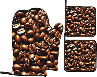 Funny Roasted Coffee Beans Print Oven Mitts and Pot Holders Sets for Baking Cooking Grilling Kitchen Accessories