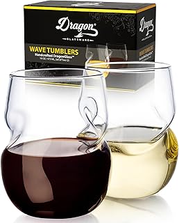 Dragon Glassware Stemless Wine Glasses - 16 oz Clear Short Wine Glasses Set of 2 with Finger Indentations - Aerates Naturally
