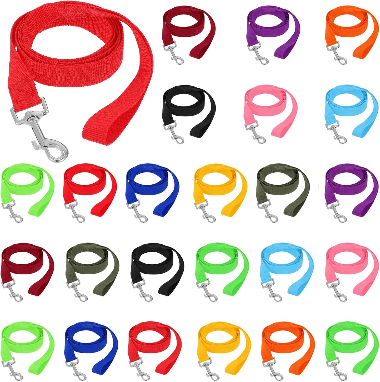 24 Pack Nylon Dog Training Leash Bulk, 5 ft Puppy Traction Rope for Small & Medium Dogs, 12 Assorted Bright Colors for Training, Play, Camping, Backyard, Agility, Multicolored Dog Leash Set