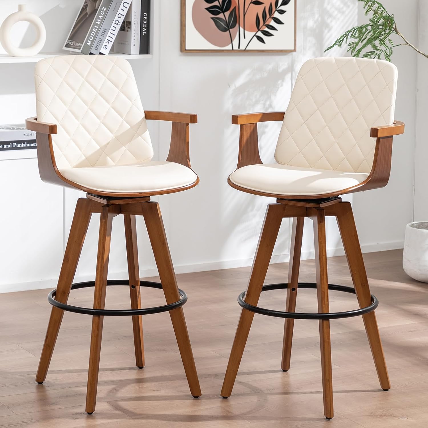 Swivel Bar Stools Set of 2 - 29.1 inch Mid Century Bar Stools with Walnut Craftsmanship, Curved Back and Arms, Upholstered Seat, Kitchen Island Stools for Bar/Pub/Cafe/Island (29" Seat Height, Beige)