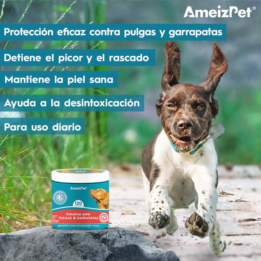 AmeizPet Pastillas Pulgas Y Garrapatas Perros, Antipulci per Cani, Pastillas para Perro Pulgas Y Garrapatas para Cachorros Y Perros Adultos, Enzimas Digestivas, 120 Chuches Caninas, 270g (9.5 Oz)