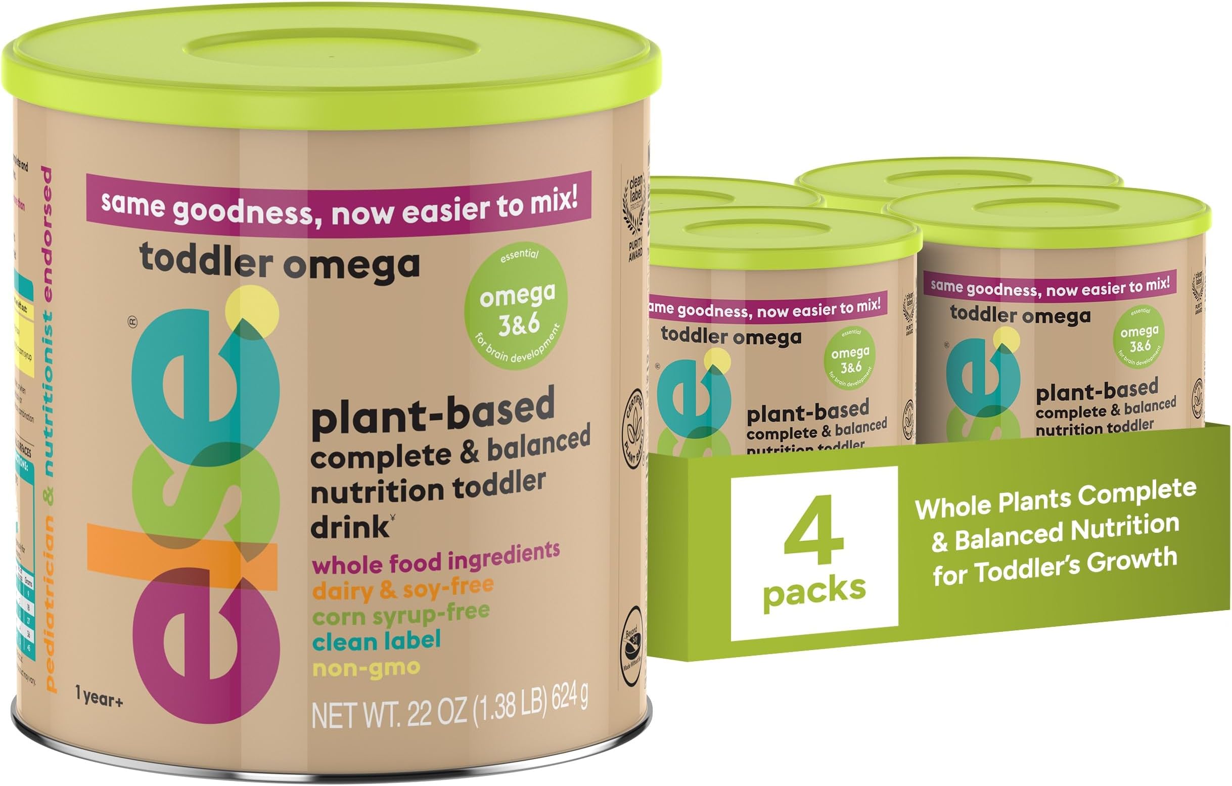 Else Nutrition Plant‑Based Toddler Formula 12–36 Months – Omega 3 & 6, Dairy & Lactose Free with Almond Butter, Buckwheat, Prebiotics, 20+ Vitamins & Minerals | Gentle Digestion (22oz,Pack 4)