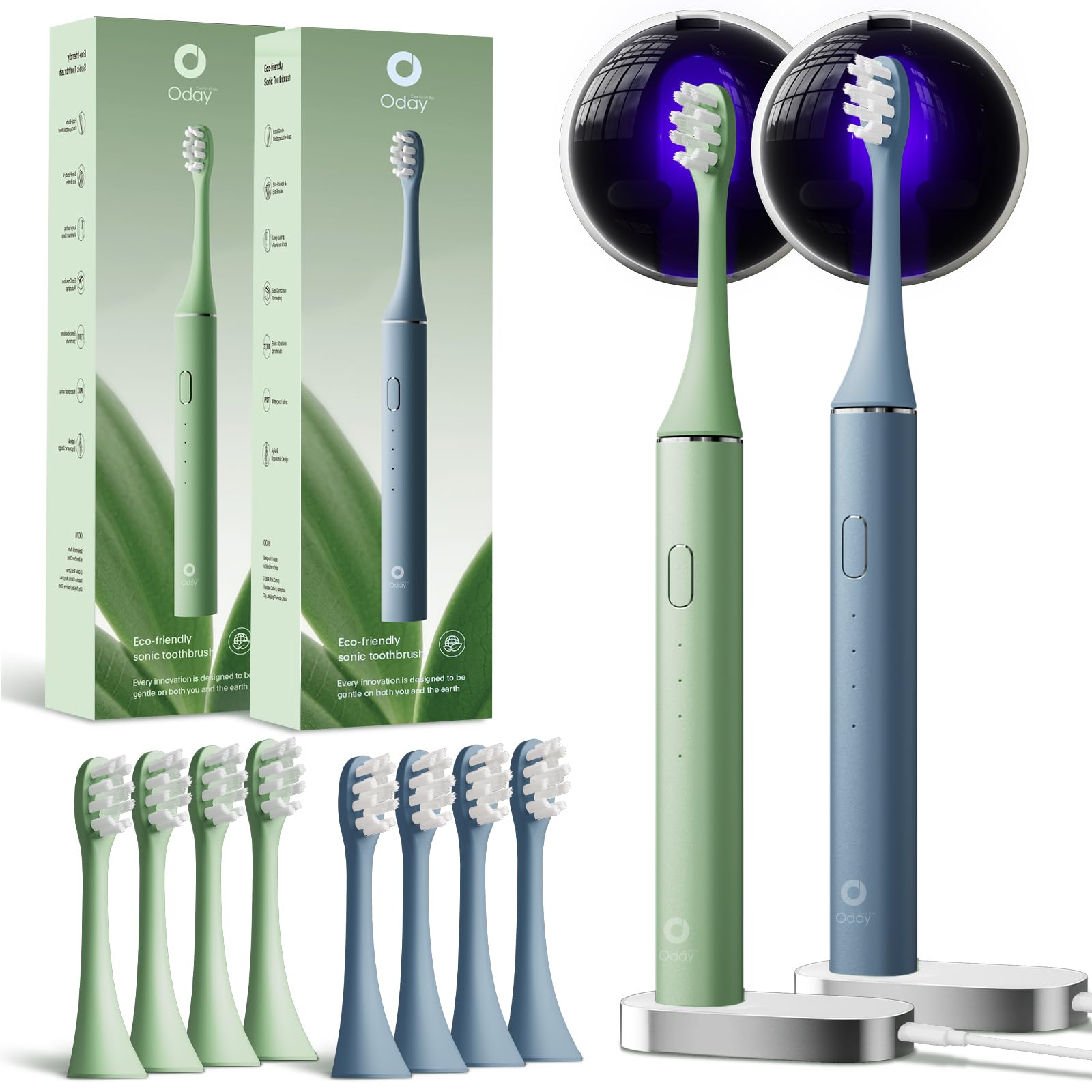 Oday UV Sanitizing Sonic Electric Toothbrush Sets Blue+Green | 2 Pack Sonic Toothbrush with Wall Mounted Toothbrush Holder and 8 Brush Heads for Gift ,Travel, Family, Friends