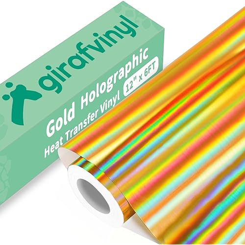 GIRAFVINYL Gold Holographic Heat Transfer Vinyl,Soft Foil Iron on Vinyl - 12” x 6 FT Easy to Weed Gold HTV Vinyl for T-Shirt and Other Fabric