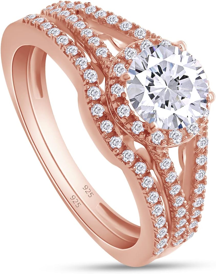 Jewel Zone US White Cubic Zirconia Engagement & Wedding Bridal Ring Set in 14K Gold Over Sterling Silver (3 Cttw)