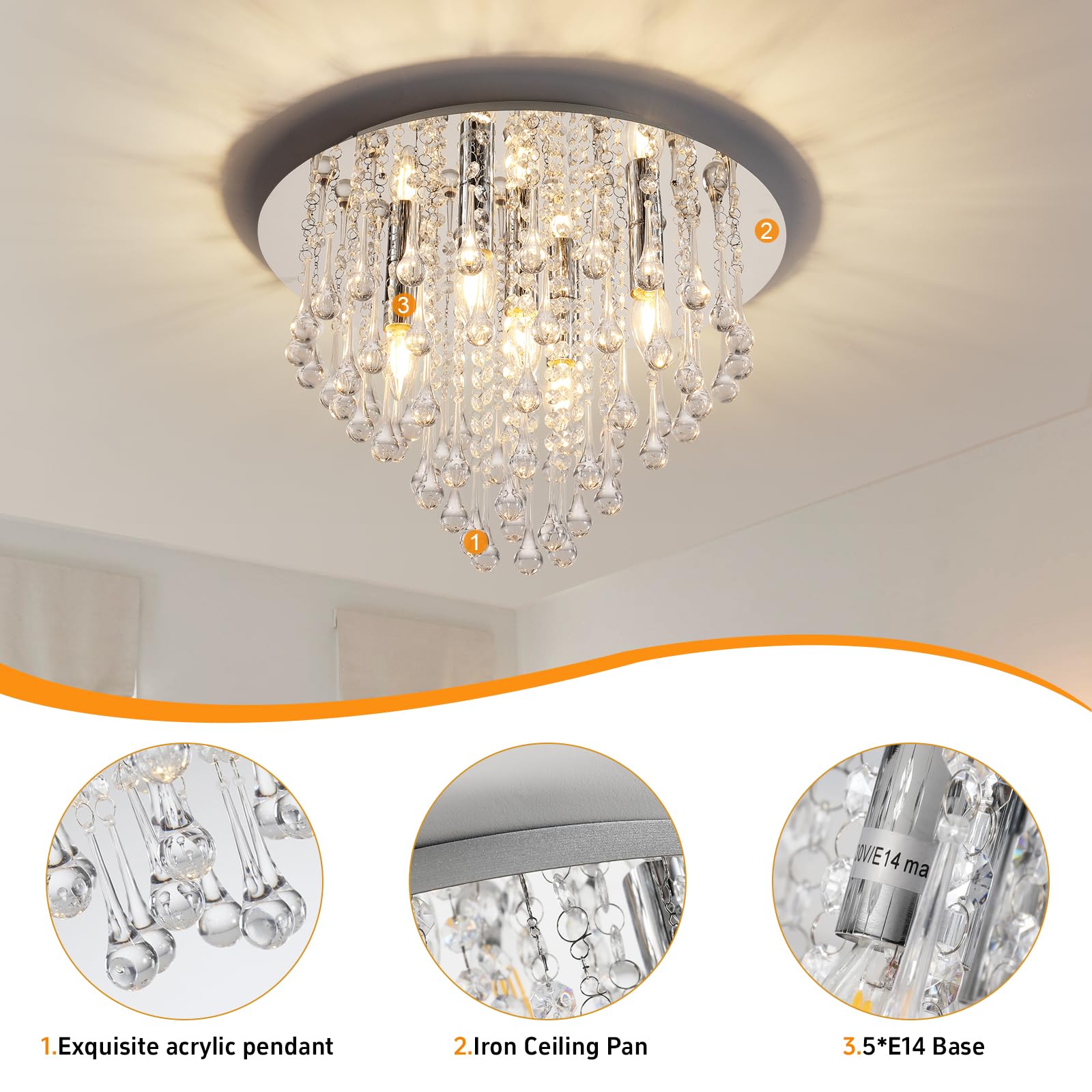 Mextronic Lustre artificiel en verre et cristal Ø 46 cm Transparent
