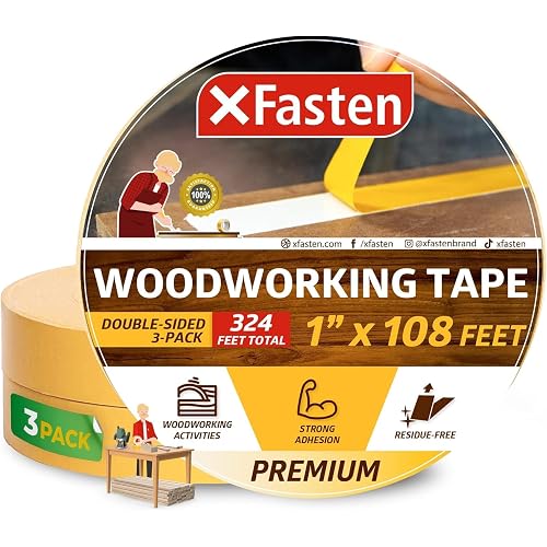 XFasten Double Sided Woodworking Tape 1 Inch x 108 Feet (3-Pack), Residue-Free, Removable Double Sided Woodworking Masking Tape for Wood Template, Mounting Boards MDF Edge Banding, Routing, Anchoring