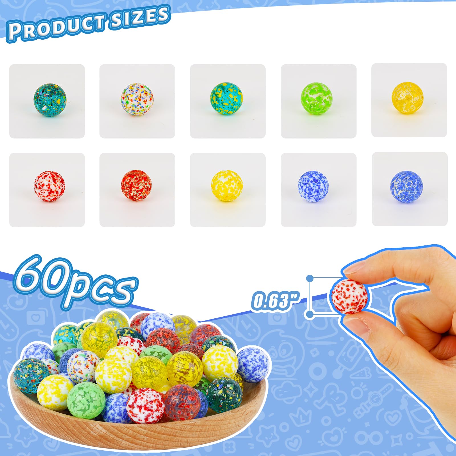 LovesTown 60PCS Colorful Marbles Bulk, for Kids Marlbes Games, 5/8inch