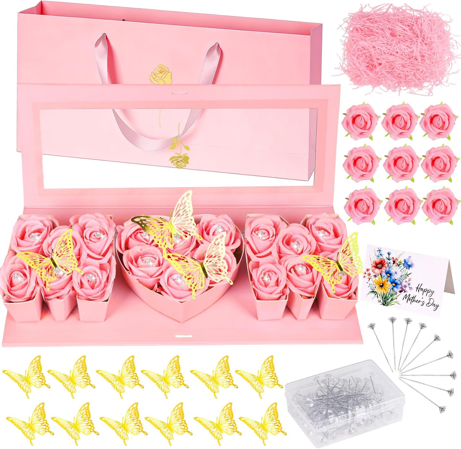 76 Pcs Empty Mom Box, Mothers Day Flower Gift Box Mom Letter-Shaped Thicker Fillable Flowers Boxes with Tote Bags Artificial Flowers Butterfly Decor for Mothers Day Anniversary Birthday (Pink)