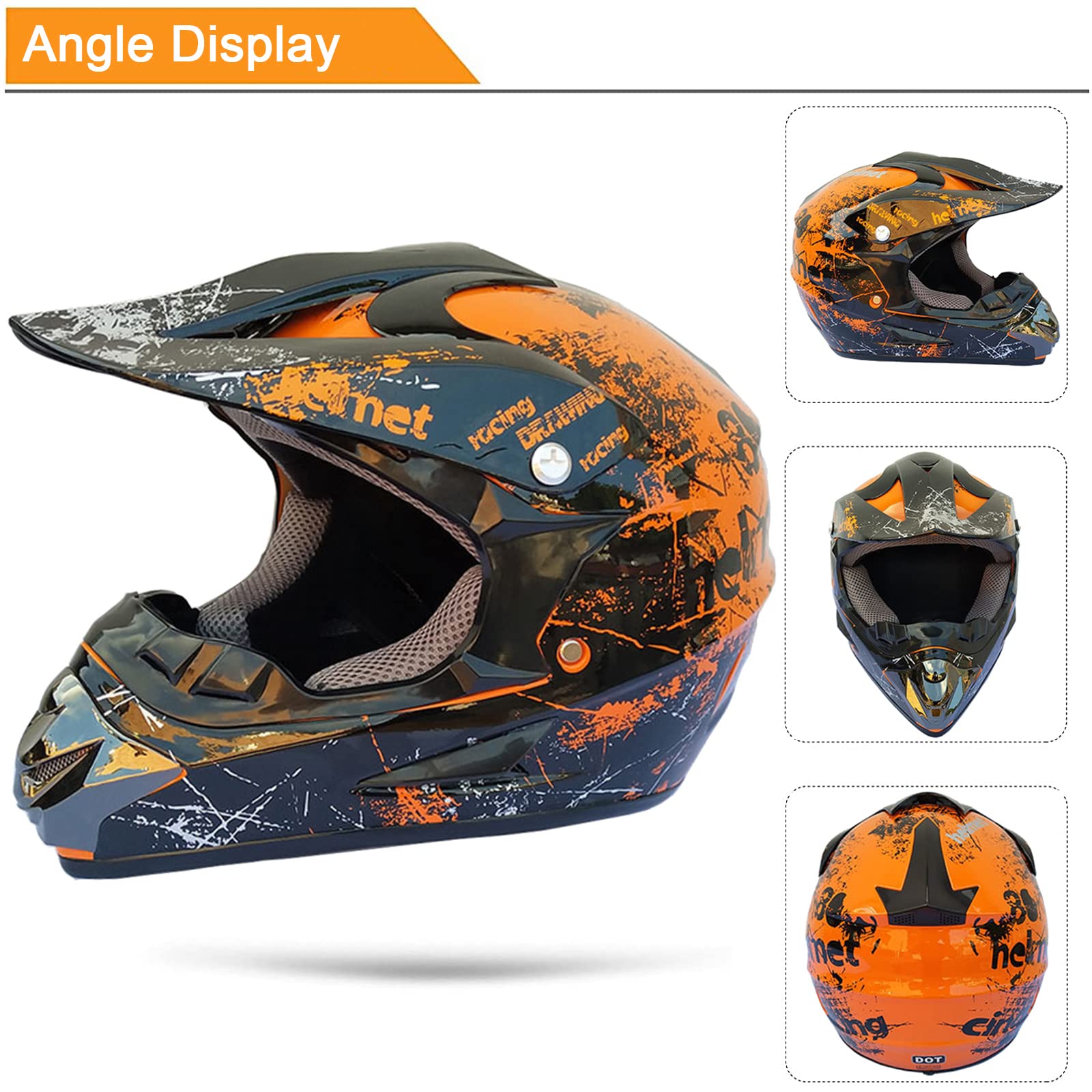 Casco de Motocross para Niños, Casco de Descenso, Casco Integral Adulto Con Gafas Máscara Guantes Red de Casco, Homologado ECE/DOT Casco de Moto Cross para BMX MTB Quad Bike Enduro ATV,Orange-L