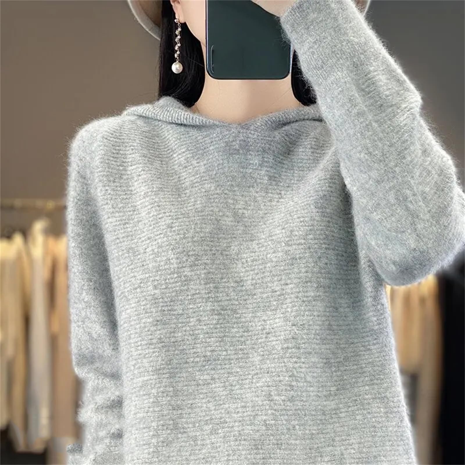Maglione da donna lavorato a maglia con cappuccio in cashmere abbigliamento sportivo moda top femminile pullover maglione blu, Blu, L