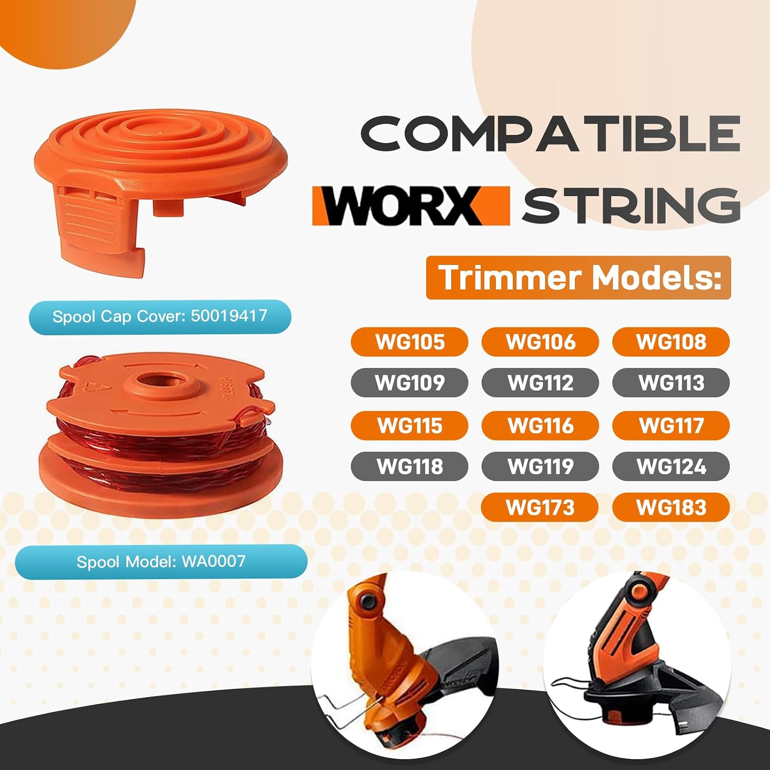 WA0007 50022833 Compatible with Worx WG116 WG118 WG119 WG124 WG183 Corded Electric String Trimmers ,Replacement Edger Refills Parts Auto-Feed Spool Line 2*16ft 0.065'' 11Pack(10 Spools, 1Cap)
