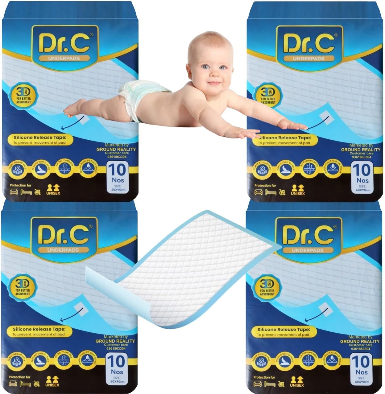 Dr C New 3D Core Disposable Baby Underpad Bed Pad Changing Mat Pad Liners for Newborn Baby Kids with 4 Non Slip Tape – Soft Superior Absorbency Leak Proof Hypoallergenic Underpad, 10 Sheets 60x90cm-image-46