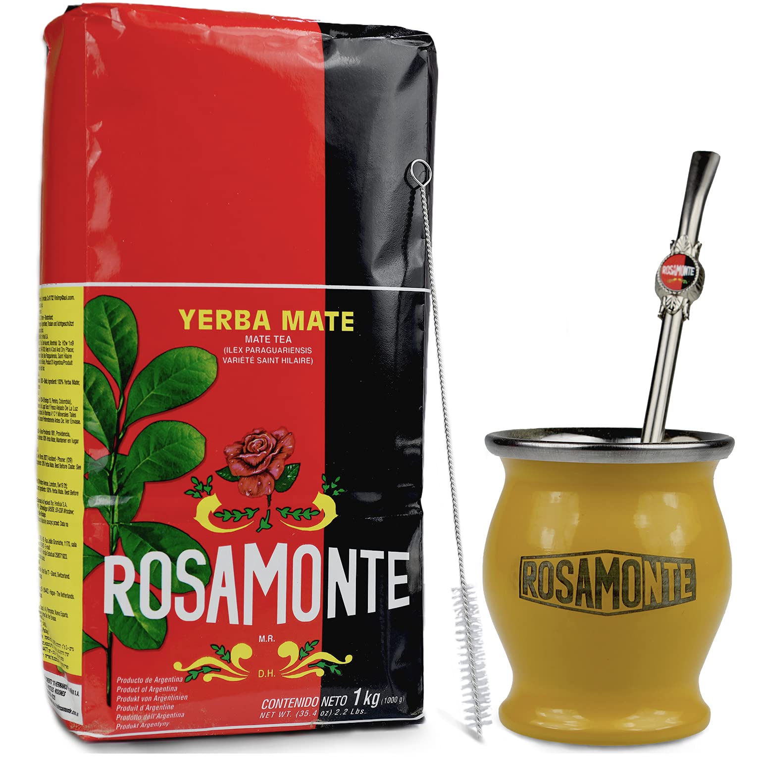 Yerba Mate Rosamonte Traditional 1 kg stal szlachetna Mate Tee: kubek matowy żółty - wapian | słomka do herbaty mate - bombilla | szczotka do czyszczenia w zestawie