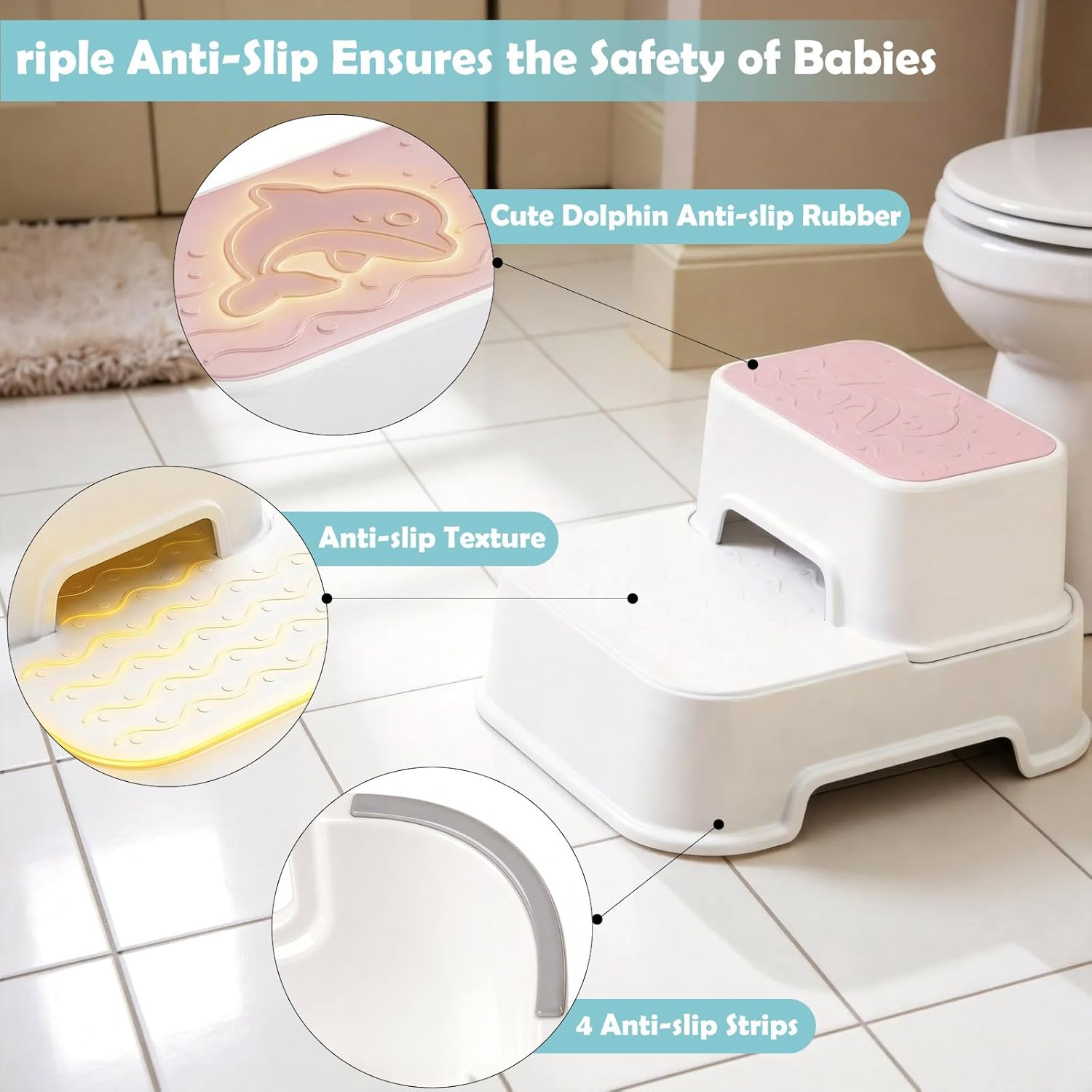 2-Step Toddler Step Stool, Non Slip Kids Step Stool for Bathroom Sink & Toilet Potty Training, Sturdy Stable Base, 10”Height Supports 220 lbs (2Packs Pink)