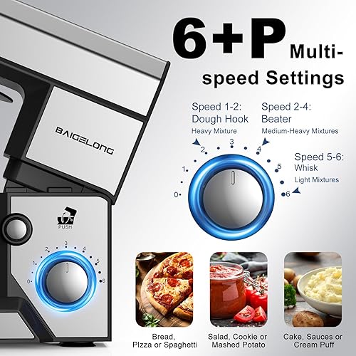 Miniatura 4 de Batidora de pie de 6+P, mezclador de alimentos pequeño de 4.2 cuartos de galón con cuenco de acero inoxidable, gancho para masa, batidor, batidor y