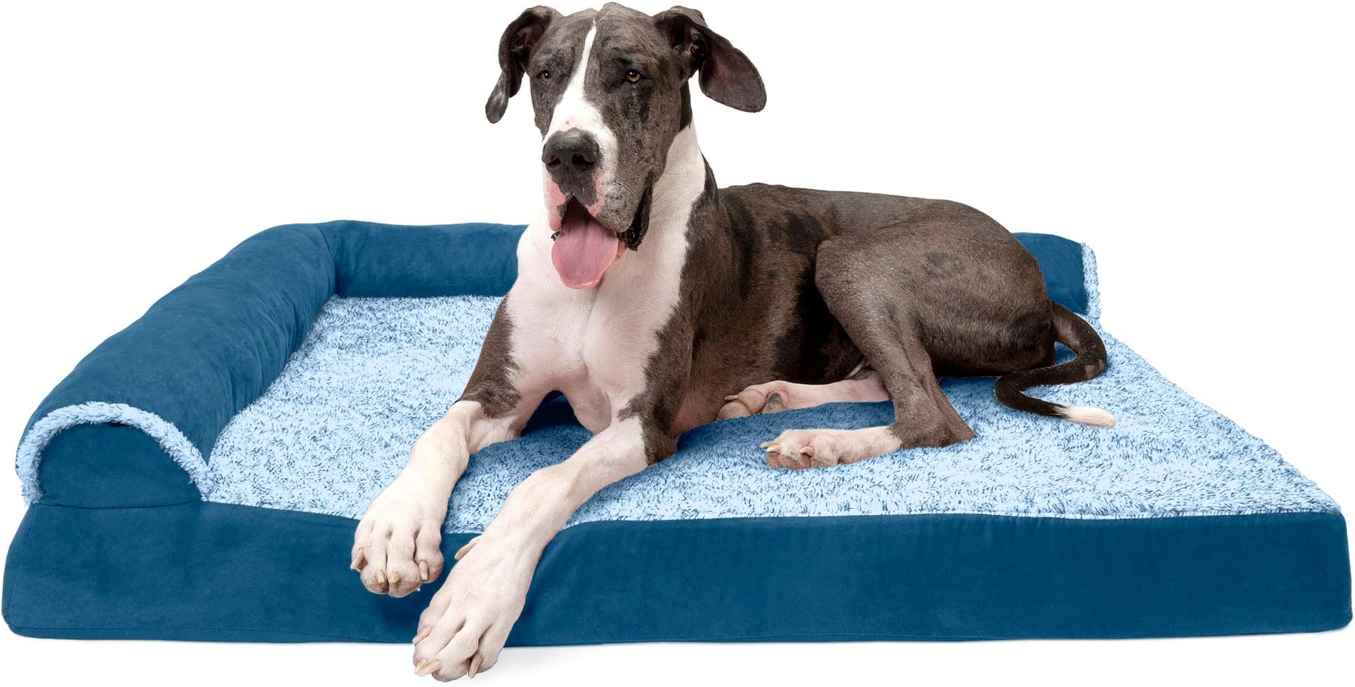 FurhavenXXL Orthopedic Dog Bed Two-Tone Faux Fur & Suede L Shaped Chaise w/Removable Washable Cover - Marine Blue, Jumbo Plus (XX-Large)