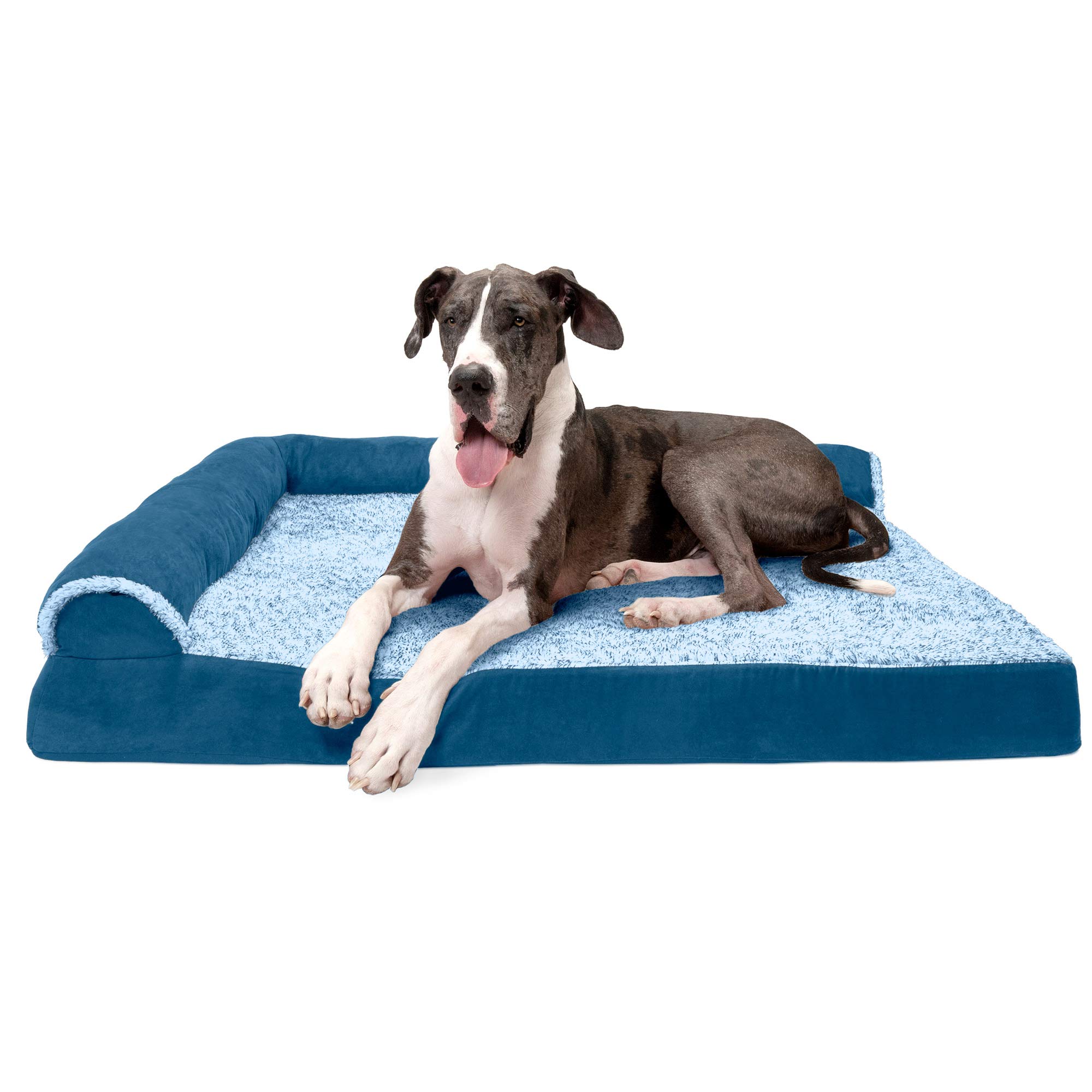 FurhavenXXL Orthopedic Dog Bed Two-Tone Faux Fur & Suede L Shaped Chaise w/Removable Washable Cover - Marine Blue, Jumbo Plus (XX-Large)